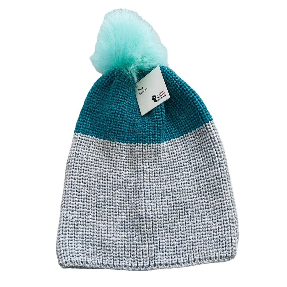 NEW Designed with Love in Denmark Pom Pom Knit Beanie Hat Gray Teal NWT